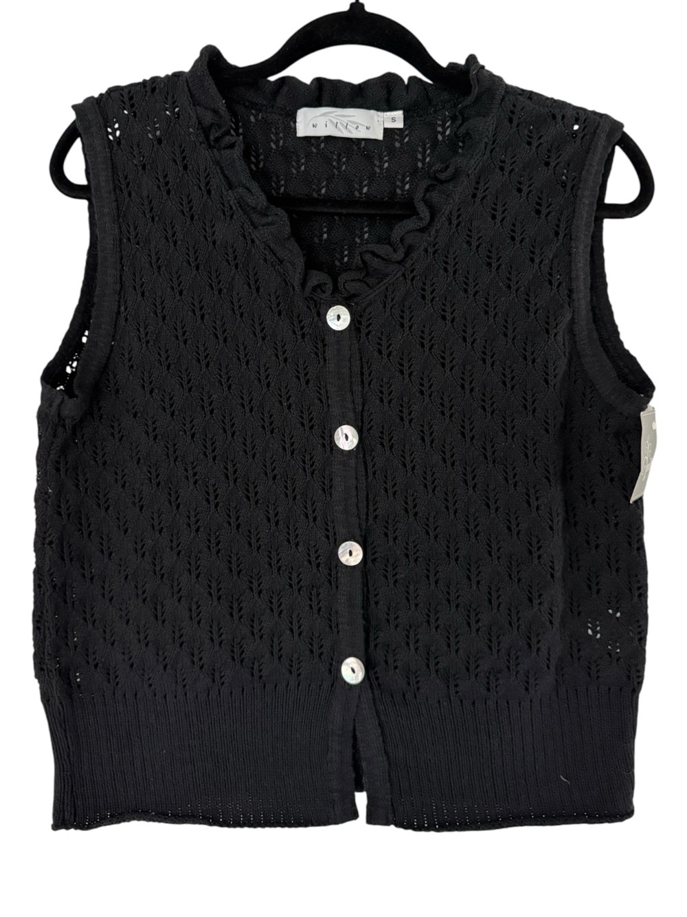 Vintage 90s Willow Black Cotton Pointelle Knit Sweater Vest Ruffle Neck S NWT